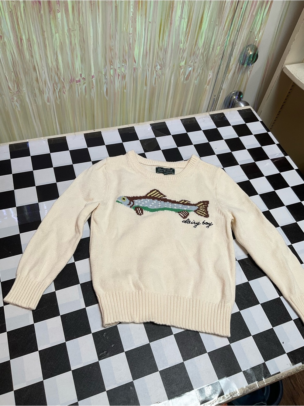Kids Cream Crewneck Sweater with Fish Embroidery